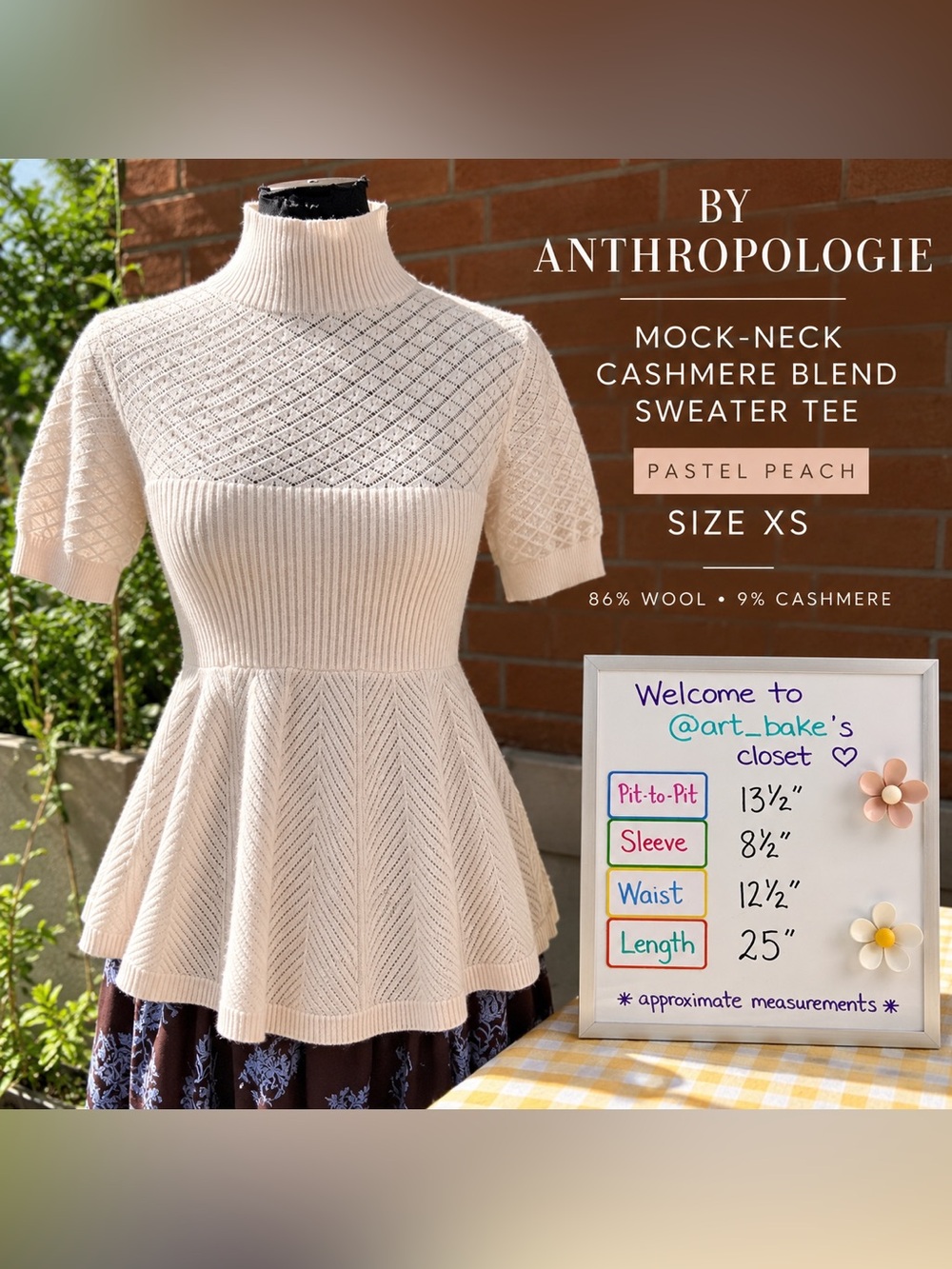 Anthropologie Cashmere Wool Pointelle Sweater Tee Pastel Peach XS